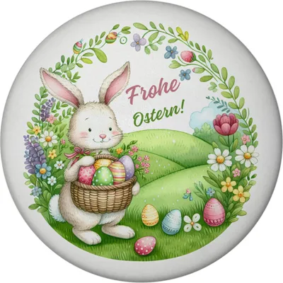 Produktbild von Osterhase Magnet rund mit Spruch Frohe Ostern