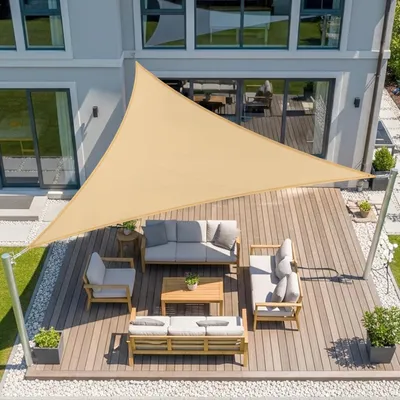Produktbild von Sonnensegel Dreieckig 5x5x5m Wasserdicht Sandbeige PES Polyester 95% UV-Schutz