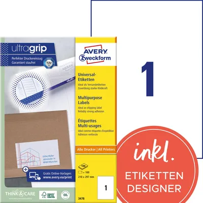 Immagine prodotto di Avery - Etiketten - weiß - A4 (210 x 297 mm) 100 Stck. (100 Bogen x 1) (3478)