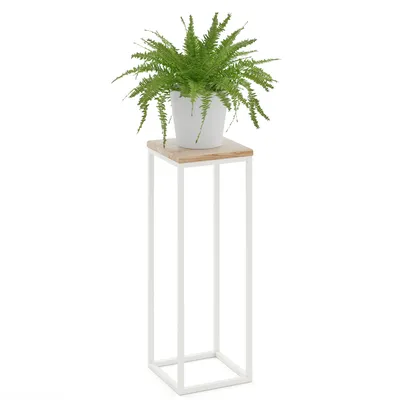 Produktbild von LAMO Manufaktur Blumenständer Weiss Metall | Pflanzenständer Holz mit Natur Farbe | Blumenhocker hoch 70 cm für Zimmerpflanzen | 100% Echtholz | Sockel für Wohnzimmer Dekoration