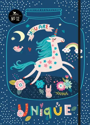Produktbild von Notizbuch Einhorn No. 12 mit Lesebändchen, Gummiband und runden Ecken, soft-grau gepunktet