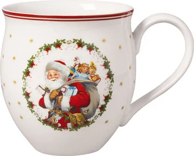 A white ceramic mug with a festive Christmas design featuring Santa Claus and an angel.