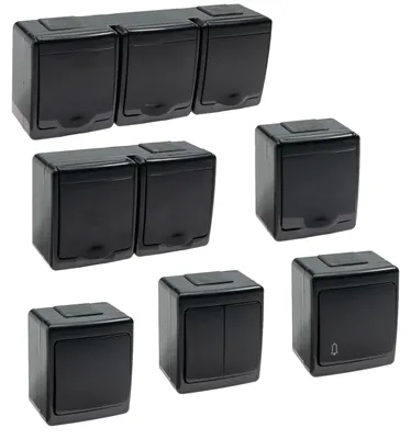 Aufputz-Serie in schwarz: Lichtschalter / Wechselschalter / Taster / Doppelschalter / Steckdose 1-fach, 2-fach oder 3-fach / Feuchtraum, IP44