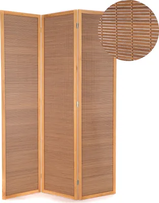 A three-panel room divider made of bamboo.
