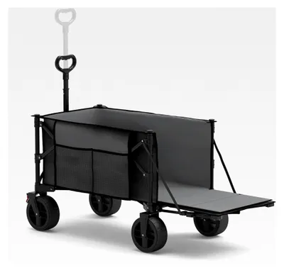 Produktbild von Faltbarer Bollerwagen 130 l mit Heckklappe, Seitentasche & Flaschenhalter, 100 kg Traglast, Teleskopgriff, schwenkbare 360° Räder mit Bremse, kompaktes Packmaß, klappbarer Transportwagen ohne Dach in Grau