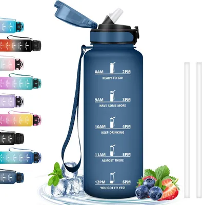 Imagen del producto de Botella de agua con pajita, de 1,5 litros, a prueba de fugas, con indicador de tiempo, ideal para deportes y actividades al aire libre
