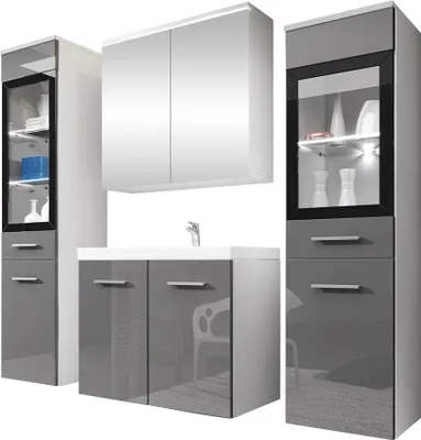 Produktbild von MIRJAN24 Badmöbel-Set Madrit II, Badezimmer-Set mit Spiegel und Waschbecken (Farbe: Weiß / Grau Hochglanz, mit Siphon, mit weißer LED Beleuchtung)