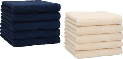 Produktbild von Betz 10 Stück Gästetücher 30x50 cm PREMIUM 100% Baumwolle Set  Farbe: dunkelblau und beige