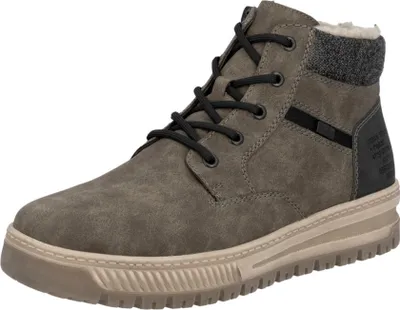 A single brown high-top sneaker boot with black laces and a gray fabric collar.