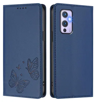 Produktbild von Lederhülle für OnePlus 9, Schmetterling Prägung Leder Brieftasche Schutzhülle mit Ständer Dunkelblau