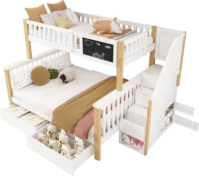 Produktbild von Kinder-Etagenbett,Doppelbett(natur)multifunktionales Kinderbett(90*200+140*200cm)mit Tafel und Schubladen, ohne Matratze, weiß+helle Eiche