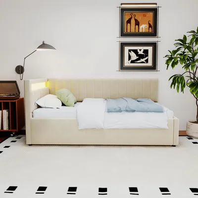 Obrázek produktu pro okwish Čalouněná postel, rozkládací postel 90x200 cm, bez matrace, s LED osvětlením a hydraulickým úložným prostorem, klasický vertikální pruhovaný design, boční opěrky s nastavitelnými pozicemi, sametová látka, béžová
