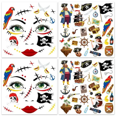 Productafbeelding van 4 stuks piratengezicht-tatoeages, tijdelijke tatoeages voor carnaval en Halloween
