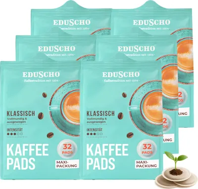 Produktbild von Eduscho Kaffeepads Vorratspack Maxi Packung, Klassisch, 192 Pads – 6 x 32 Pads, vollmundig & ausgewogen, für alle Pad Maschinen, industriell kompostierbar