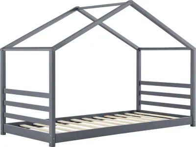Image de Lit d'enfant avec sommier à lattes et grille 90 x 200 cm Lit de maison Maison de lit Lit d'adolescent Bois de pin gris foncé [en.casa]