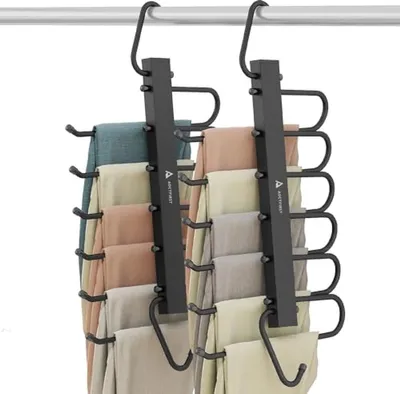 Platzsparende schwarze Hosenbügel - 6-lagiger Edelstahl Kleiderorganizer (2er-Pack) für Kleidungsspeicherung und Organisation