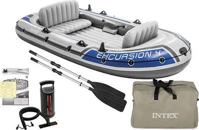 An inflatable boat set with accessories laid out on a white background.