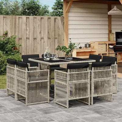 Produktbild von Design Gartenmöbel Set Balkonmöbel-Set 9-tlg. Garten-Essgruppe mit Kissen Hellgrau Poly Rattan - Gartenmöbelgarnituren 2025 Neu5282538 3parcel