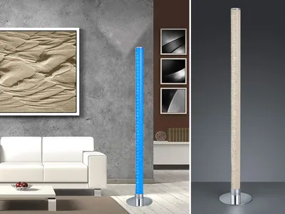 A collage of two images showing modern floor lamps in different settings.