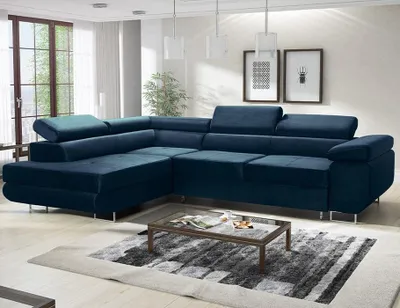 Produktbild von Avatar Velvet Ecksofa in L-Form 277 x 73 x 203 cm mit Schlaffunktion und Bettzeugbehälter - Schlafsofa mit Bettkasten - Eckcouch mit Stauraum - Links - Farbe: Monolith Blau (MO77)