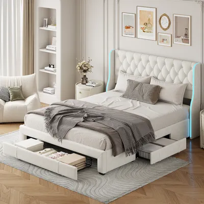 Produktbild von Gepolstertes Doppelbett 160 x 200 cm mit 3 Schubladen, LED-Beleuchtung, Bettgestell, Samtbezug, beige