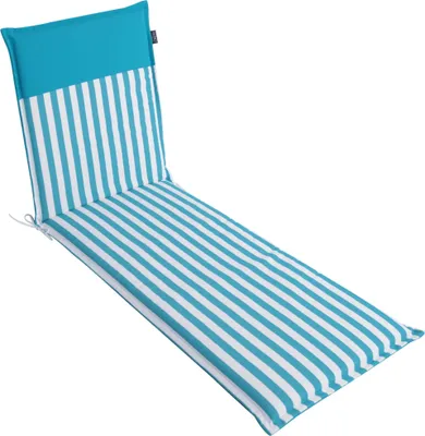 A striped aqua and white chaise lounge cushion on a white background.