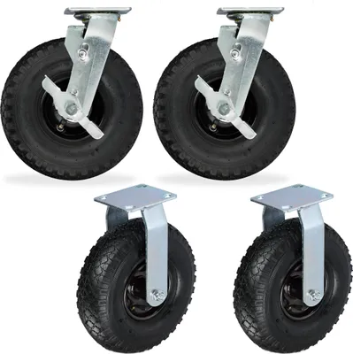Produktbild von Relaxdays 2x Bockrolle + 2x Lenkrolle Set, luftbereiftes Schwerlastrad, 3.00-4, Transportrollen 120 kg, schwarz/silber