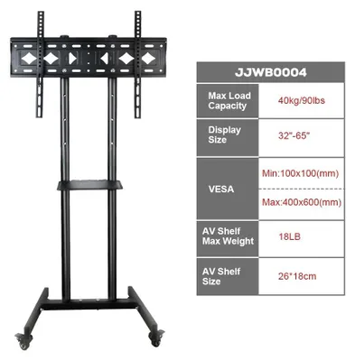 Productafbeelding van TV-standaard, vloerstandaard, mobiele trolley met wielen, in hoogte verstelbaar, ruimtebesparend, geschikt voor televisies en schermen van 32 tot 75 inch, draagvermogen tot 40 kg, metaal, zwart