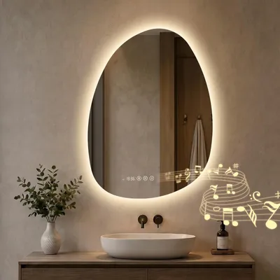 Produktbild von S'AFIELINA 75 x 55 cm Badspiegel mit Beleuchtung Asymmetrisch mit 3 Lichtfarben dimmbar, beschlagfrei, Bluetooth, Uhr, Temperatur, Speicherfunktion
