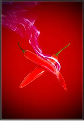Produktbild von Wallario Wandbild Rauchende Chili-Schoten im Duo vor rotem Hintergrund, Größe: 70,30 x 100,30 cm, Poster mit schwarzem Aluminiumrahmen