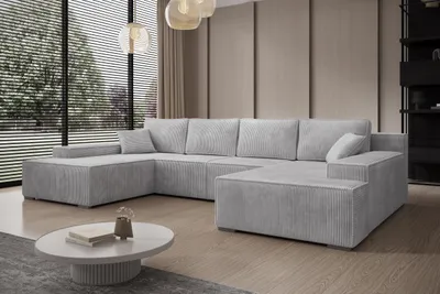 Produktbild von Couch U-Form mit Schlaffunktion, POSO-Stoff Cordstoff, Hellgrau LIMO