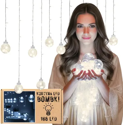 Zdjęcie produktu dla Lampki świąteczne kurtyna świetlna kule bombki led girlanda multicolor zimna biała