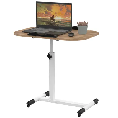 A laptop table with wheels and adjustable height.