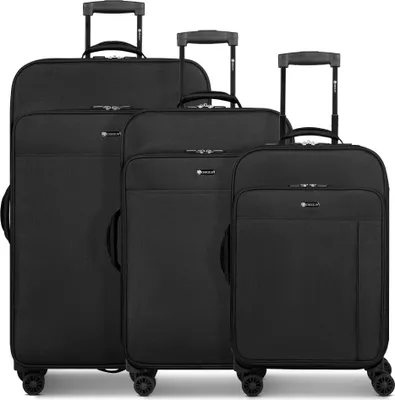 Three black suitcases of varying sizes are displayed side-by-side against a white background.