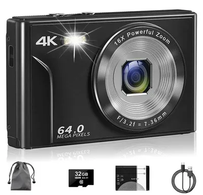 Produktbild von 4K Digitalkamera, 64 MP Autofokus Fotoapparat mit 16X Digitalzoom Tragbar Kompaktkamera mit wiederaufladbare1200mAh Batterie, USB-Kabel