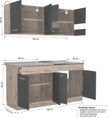 Image de Cuisine linéaire Homestyle4u de 160 cm, sans appareils, en bloc de cuisine gris mat imitation chêne, cuisine intégrée, idéale pour une personne