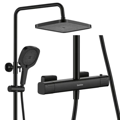 Produktbild von Duschsystem Thermostat Regendusche 13" Handbrause 3 Strahlarten Schwarz