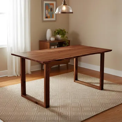 Produktbild von Esstisch Graz | 120 x 80 cm | Akazienholz massiv | Farbe: Nussbaum | echte Baumkante | U-Gestell Holz | pflegeleichter Esszimmertisch/Baumkantentisch/Küchentisch