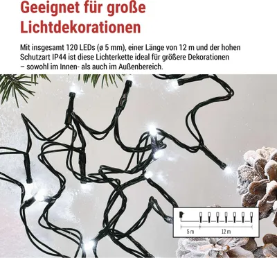 LED Weihnachtliche Lichterkette, 12 m, Außen/Innen, kaltweiß, Programme, Timer