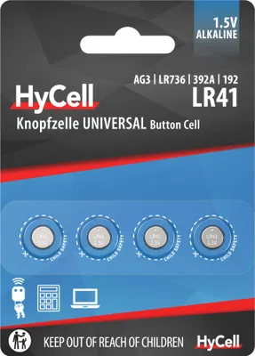 Produktbild von HyCell Alkaline Knopfzellen LR41 1,5V, 4 Stück, für Uhr, Waage uvm