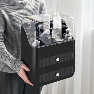 Immagine prodotto di Organizzatore per cosmetici Unyqoos®: spazioso ed elegante, con scomparto principale e 2 cassetti, resistente alla polvere e agli urti, pronto all'uso