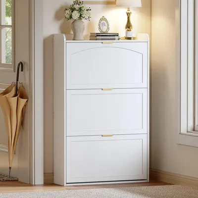 Image de OKWISH Meuble à Chaussures Étroit - 3 Portes avec Rangement Organisé pour Entrée ou Salon - 76x23x118 cm, Blanc