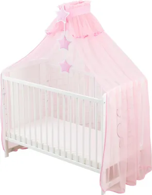 Produktbild von Babybett Betthimmel und Moskitonetz Traumnacht in fantastischen Farben Waschmaschinenfest inkl. Halterung und Accessoires 480x165cm Rosa