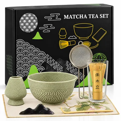 Produktbild von Roxlin Matcha Set Tea (7-teilig) Keramik, Bambus Matcha Schneebesen, handgemachte Schale, Sieb & Zubehör - Grün