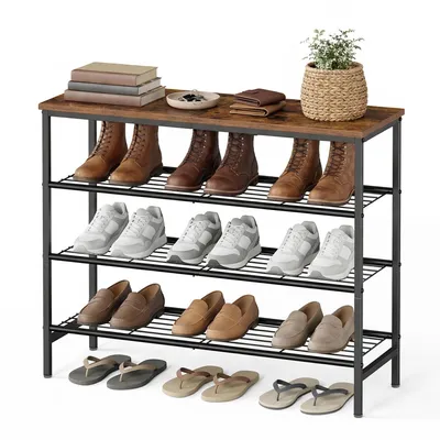 Produktbild von VASAGLE Schuhbank, Schuhaufbewahrung, Schuhregal, Metallrahmen, 4 Ebenen, für bis zu 12-16 Paar Schuhe, braun-schwarz