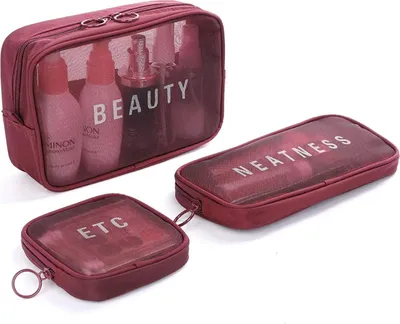 Produktbild von Reise Make-Up Kulturbeutel Beautycase Kosmetik Beutel Tasche Schminktasche Set 3 teilig Rot