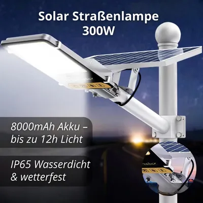 Produktbild von Solar Straßenlampe 300W mit 8000mAh Akku – Aluminium LED Außenleuchte, IP65 Wasserdicht, mit Solarpanel & Fernbedienung – Garten, Garage, Terrasse
