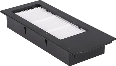 A close-up, studio shot of a black and white vacuum cleaner filter.