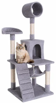Image de lionto Arbre à chat, arbre à chat élégant de 133 cm, recouvert de peluche, troncs en sisal robustes & surfaces de repos polyvalentes, gris clair