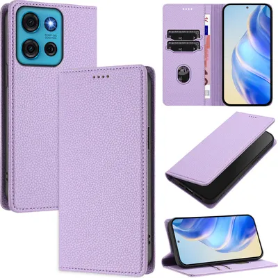 Immagine prodotto di Custodia in pelle per Motorola Moto G75, pelle Litschi, custodia a portafoglio con slot per carte e supporto Viola